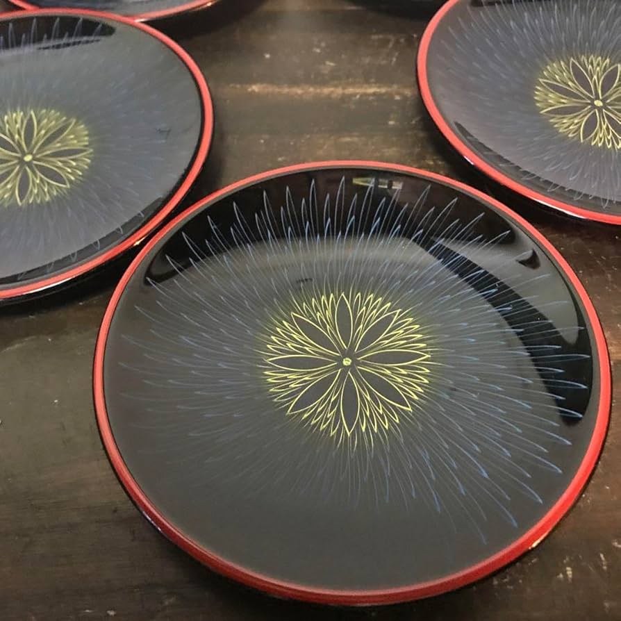 【山中漆器　喜八工房　4.8寸\"百合形　銘々皿×5客】天然木製　金毛彫 未使用品 山中漆器 喜八工房 4.8寸